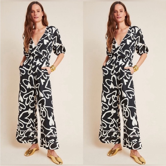 Farm Rio Black and White Heart Pattern Jumpsuit - Picture 1 of 4